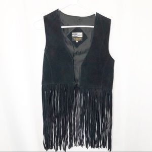 New leather black fringe vest size small vintage